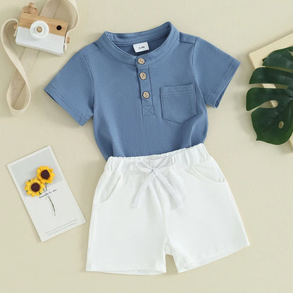 Conjunto Casual de Verão para Menino – T-shirt de Manga Curta e Calções com Cintura Elástica 2 Peças
