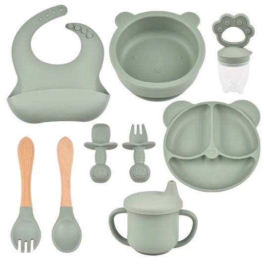 9pce/Set Children's Silicone Tableware Set Baby Adjustable Bib Divided Plate Drinking Cup Baby Suction Cups Bowl And Spoon Fork