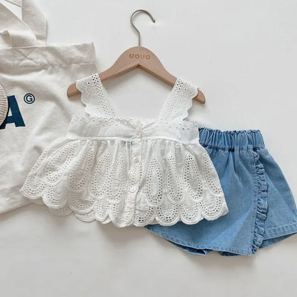 Conjunto de Verão 2 Peças para Menina – Top de Alças com Renda e Calções de Ganga