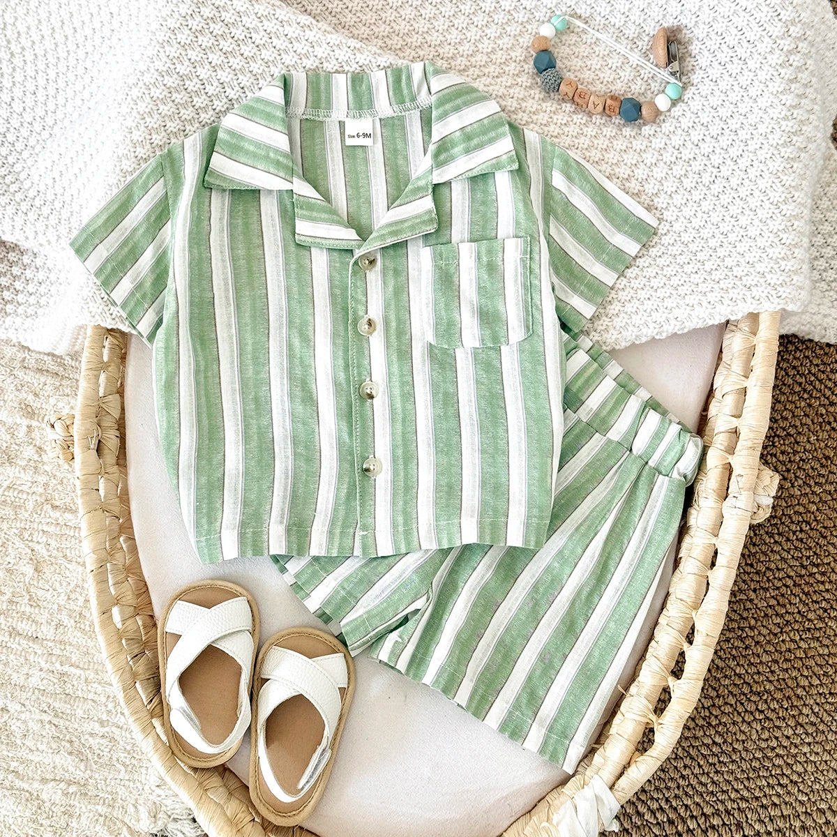 Conjunto de Verão para Bebé – Camisa com Gola e Calções às Riscas 2 Peças