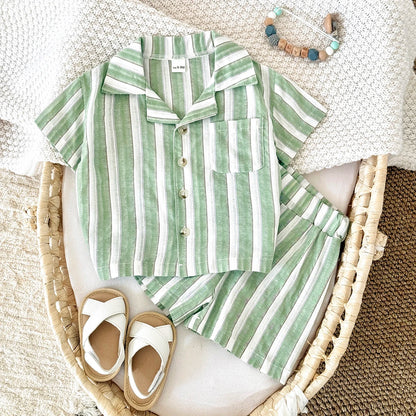 Conjunto de Verão para Bebé – Camisa com Gola e Calções às Riscas 2 Peças