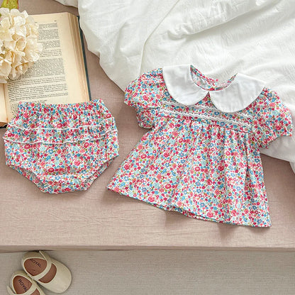 Conjunto de Verão para Bebé Menina - Blusa com Mangas Balão e Calções com Padrão Floral
