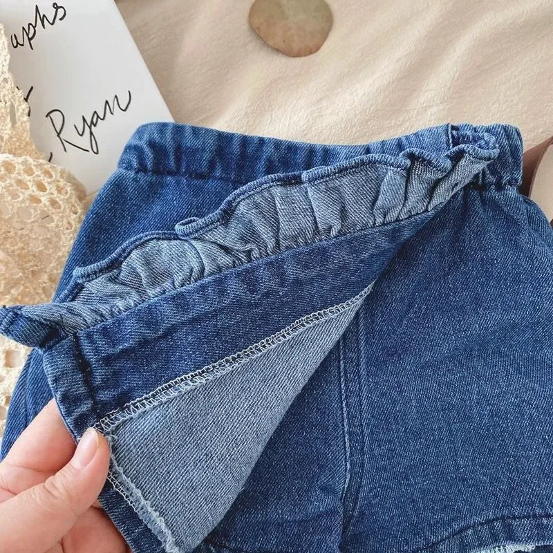 Conjunto de Verão 2 Peças para Menina – Top de Alças com Renda e Calções de Ganga