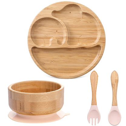 1pcs/3pcs Wooden Feeding Tableware Sets Baby Feeding Bowl Bamboo Non-slip Waterproof Fork Spoon for kids Baby Wooden Plate