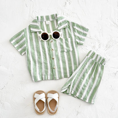 Conjunto de Verão para Bebé – Camisa com Gola e Calções às Riscas 2 Peças