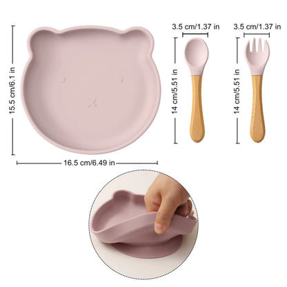 Conjunto de 3 Peças de Refeição em Silicone para Bebé – Taça com Ventosa, Prato e Colher
