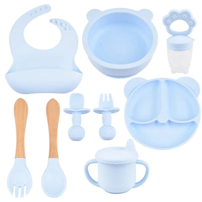 9pce/Set Children's Silicone Tableware Set Baby Adjustable Bib Divided Plate Drinking Cup Baby Suction Cups Bowl And Spoon Fork