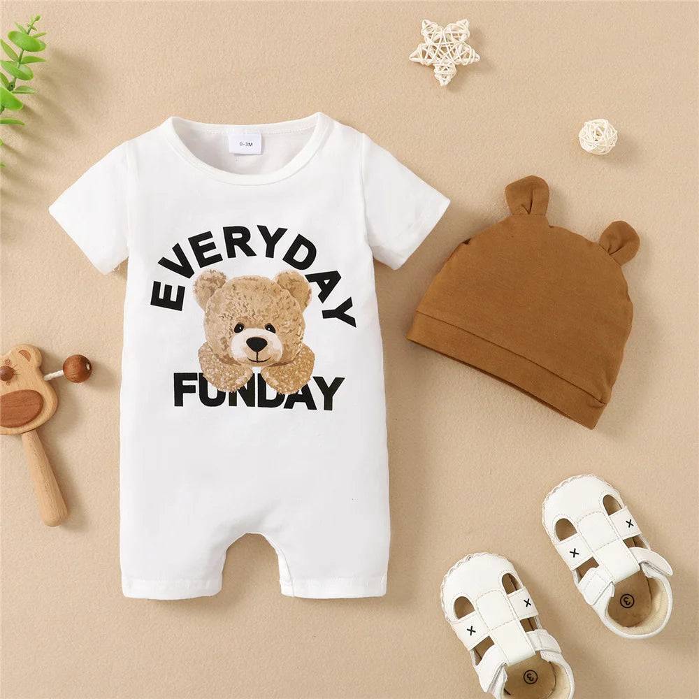Conjunto de Verão para Bebé Menino Panda / Urso Body com Manga Curta e Chapéu
