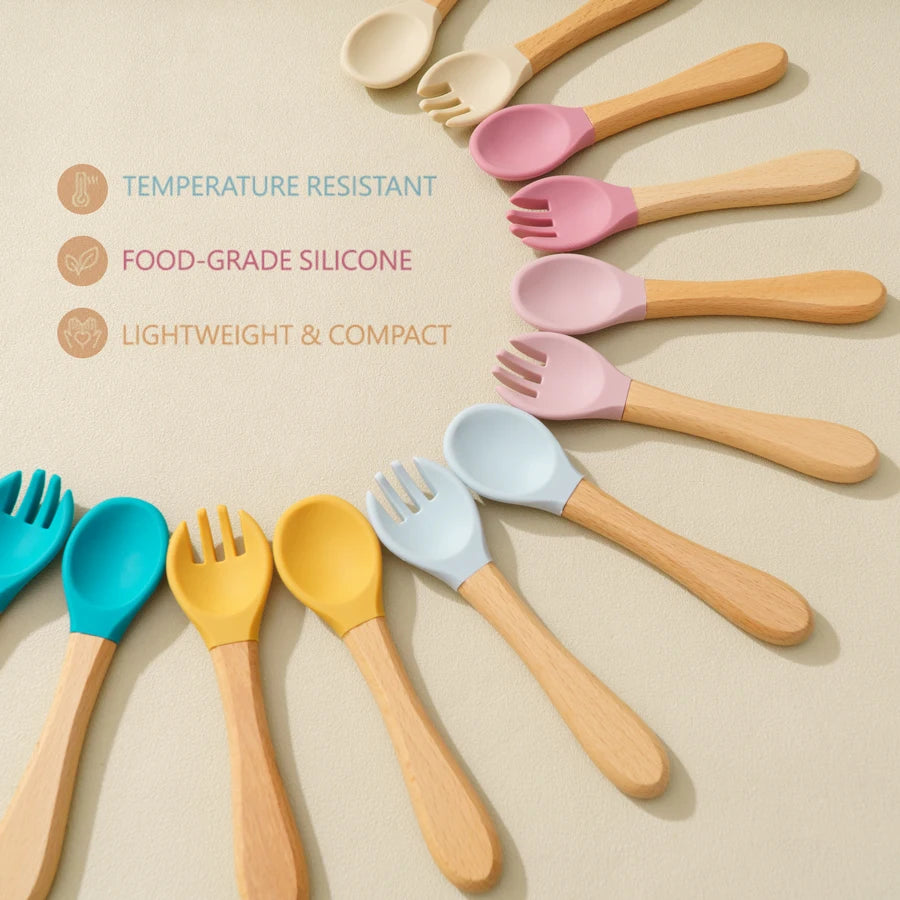 Conjunto de Alimentação em Silicone para Bebé - 3 Peças com Taça com Ventosa, Colher e Garfo com Cabo de Madeira