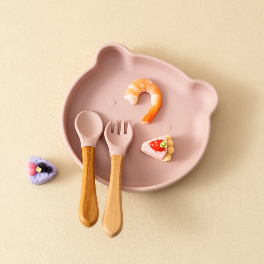 Conjunto de 3 Peças de Refeição em Silicone para Bebé – Taça com Ventosa, Prato e Colher
