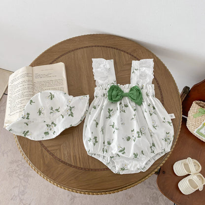 Body de Verão para Bebé Menina com Chapéu – Mangas de Renda, Estampado Floral e Laço