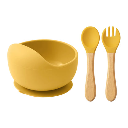 Conjunto de Alimentação em Silicone para Bebé - 3 Peças com Taça com Ventosa, Colher e Garfo com Cabo de Madeira