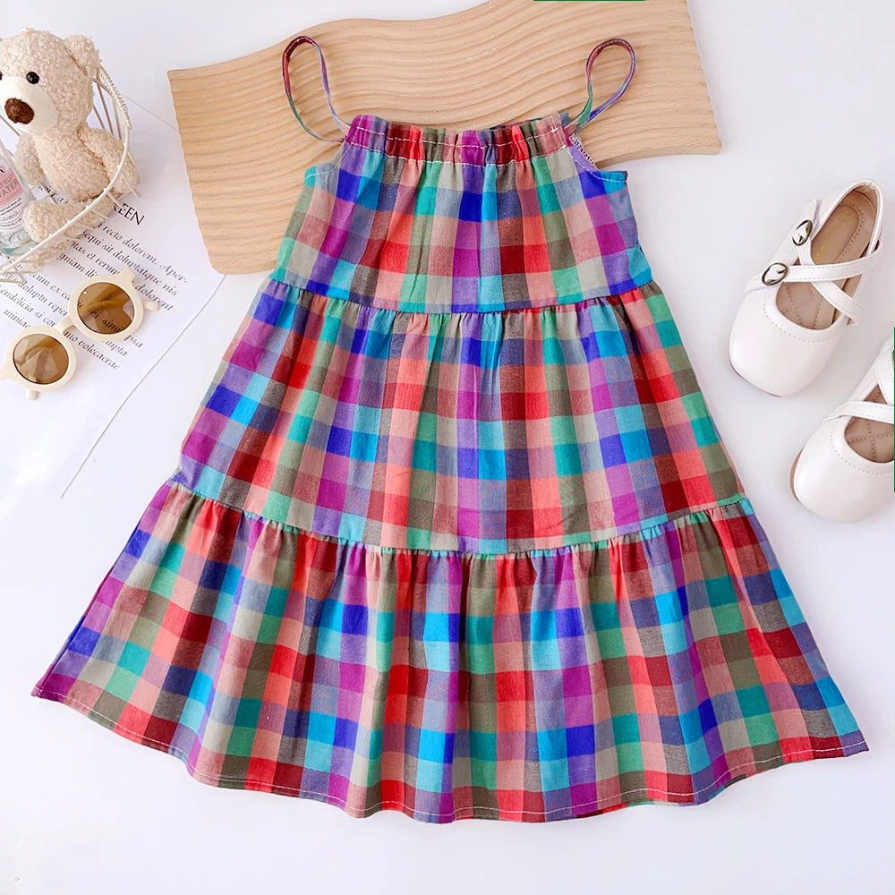 Vestido de Verão para Menina – Estilo Casual com Alças e Padrão aos Quadrados Coloridos