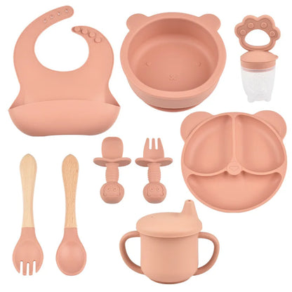 9pce/Set Children's Silicone Tableware Set Baby Adjustable Bib Divided Plate Drinking Cup Baby Suction Cups Bowl And Spoon Fork