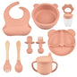 9pce/Set Children's Silicone Tableware Set Baby Adjustable Bib Divided Plate Drinking Cup Baby Suction Cups Bowl And Spoon Fork