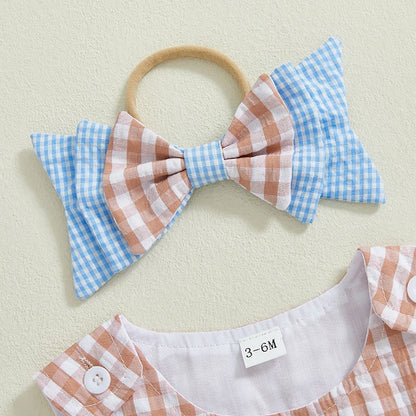 Conjunto de Verão para Bebé Menina – Vestido Macacão Sem Mangas com Padrão aos Quadrados e Faixa com Laço
