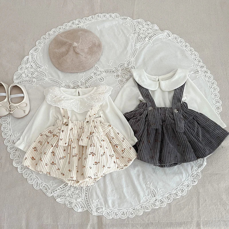 Conjunto para Bebé Camisa Casual com Gola com Body Vestido Floral