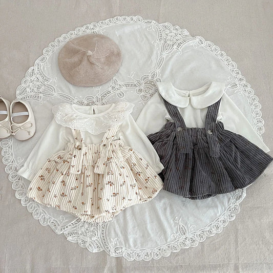 Conjunto para Bebé Camisa Casual com Gola com Body Vestido Floral