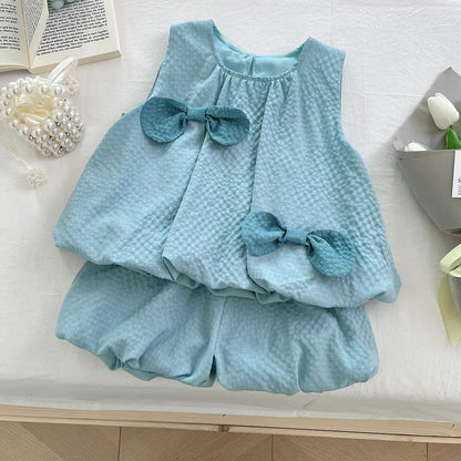 Conjunto de Verão para Meninas - Top sem Mangas com Laço e Calções