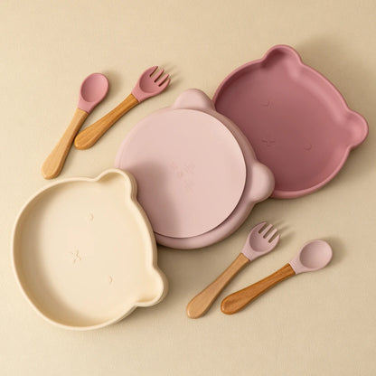 Conjunto de 3 Peças de Refeição em Silicone para Bebé – Taça com Ventosa, Prato e Colher