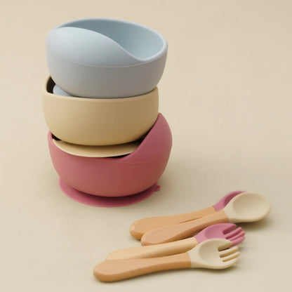 Conjunto de Alimentação em Silicone para Bebé - 3 Peças com Taça com Ventosa, Colher e Garfo com Cabo de Madeira