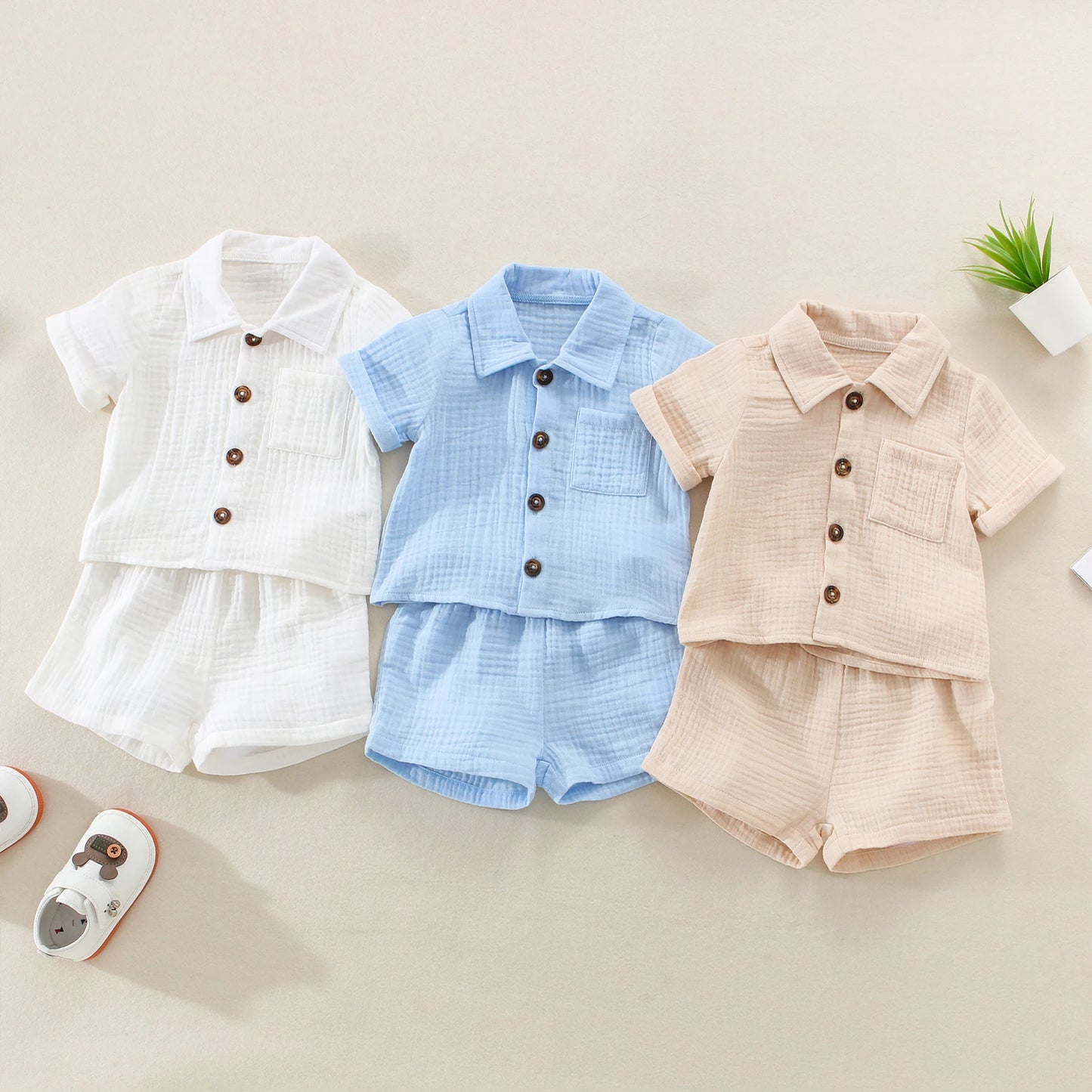 Conjunto Verão 2 Peças para Bebé Menino – Camisa Manga Curta com Bolsos e Calções