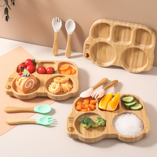 Conjunto de Prato com Ventosa em Silicone com Talheres de Madeira para Bebé