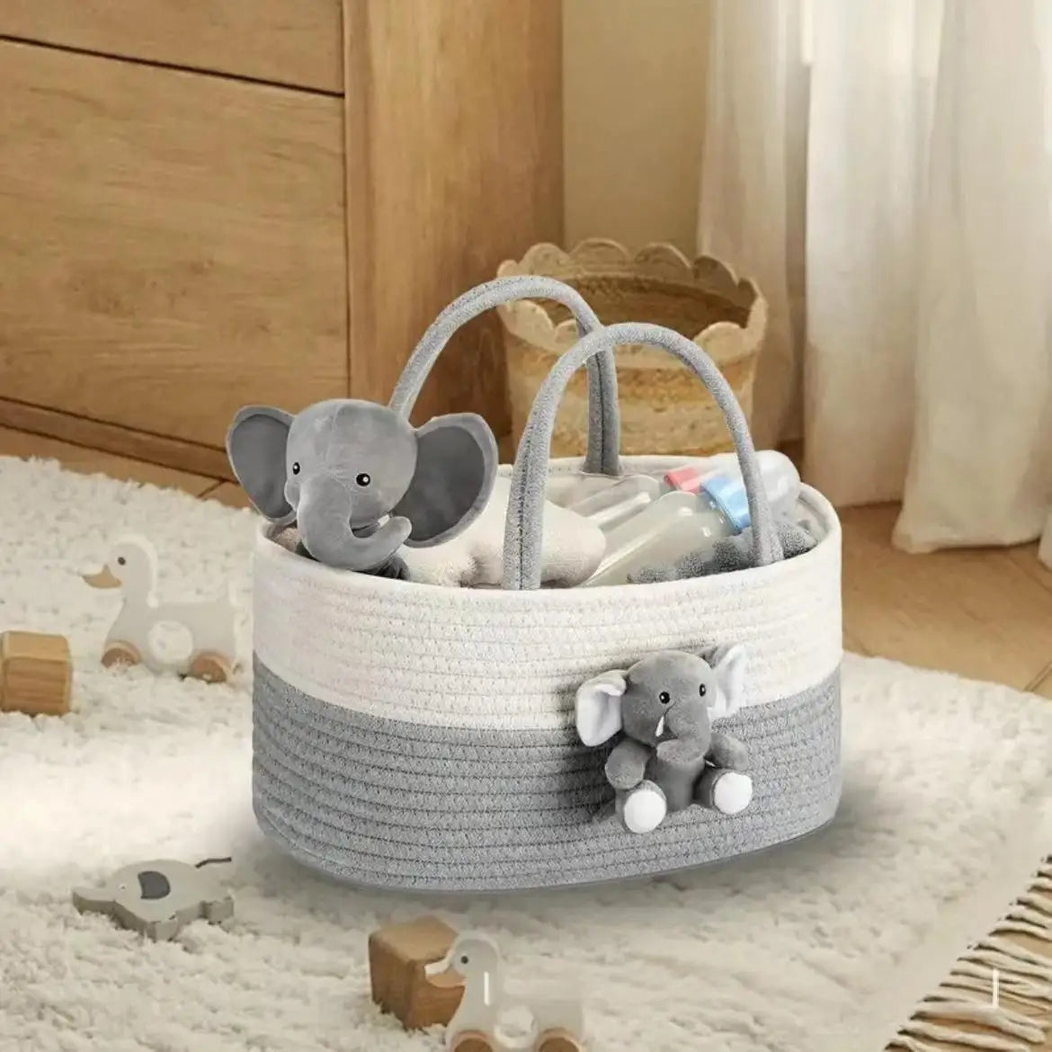 Cesto Organizador de Fraldas com Alça – Design Elefante para Quarto de Bebé