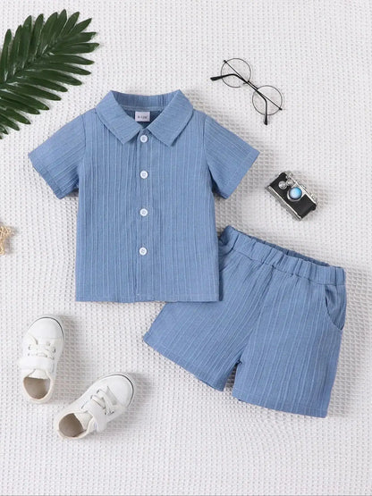 Conjunto de Verão para Menino - Camisa de Manga Curta e Calções em Tecido Jacquard