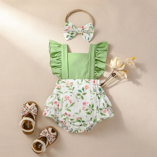 Conjunto de Verão 2 Peças para Bebé Menina – Fato-Macaco Floral e Faixa