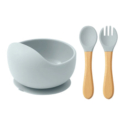Conjunto de Alimentação em Silicone para Bebé - 3 Peças com Taça com Ventosa, Colher e Garfo com Cabo de Madeira