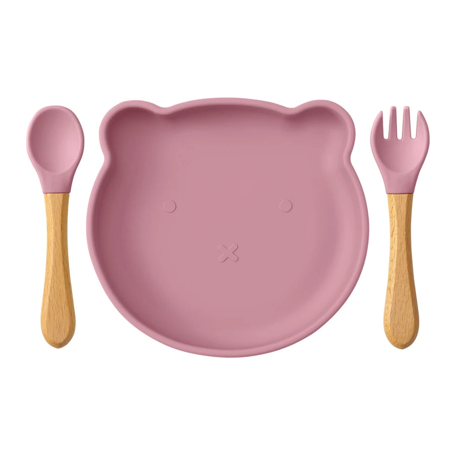 Conjunto de 3 Peças de Refeição em Silicone para Bebé – Taça com Ventosa, Prato e Colher