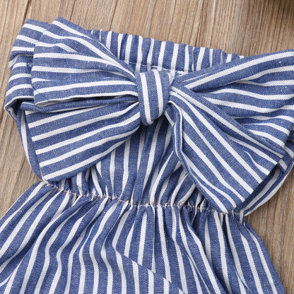 Conjunto de Verão para Bebé Menina – Fato Macaco sem Mangas com Padrão às Riscas e Faixa de Cabelo