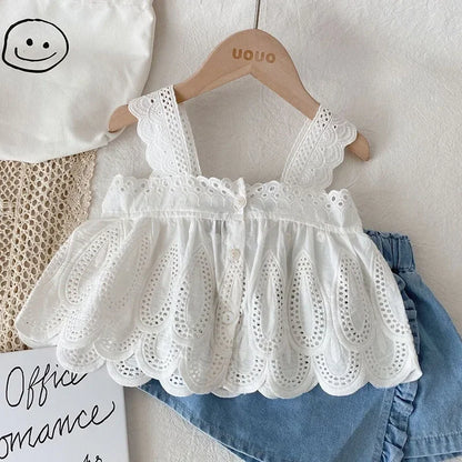 Conjunto de Verão 2 Peças para Menina – Top de Alças com Renda e Calções de Ganga