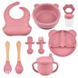 9pce/Set Children's Silicone Tableware Set Baby Adjustable Bib Divided Plate Drinking Cup Baby Suction Cups Bowl And Spoon Fork