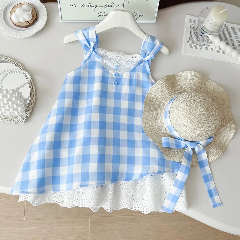 Vestido de Alças para Menina com Renda e Padrão aos Quadrados