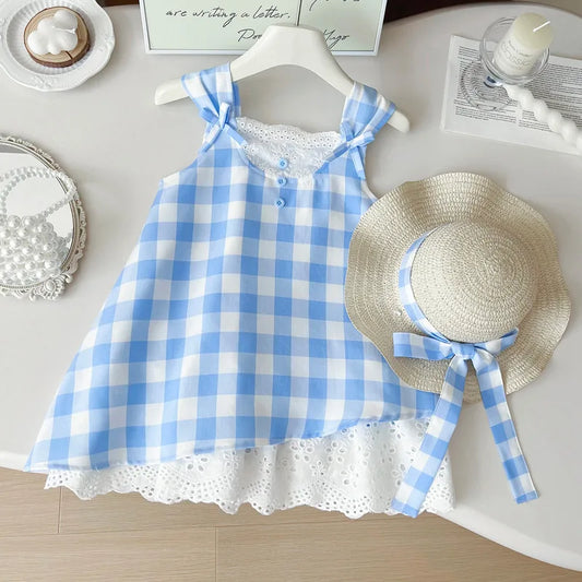 Vestido de Alças para Menina com Renda e Padrão aos Quadrados