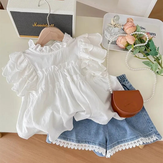 Conjunto de Verão para Menina – Blusa em Renda com Mangas Balão e Calções de Ganga com Renda