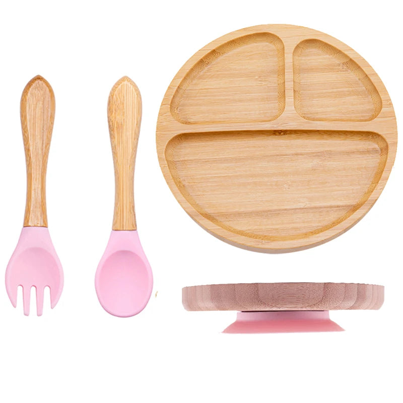 Conjunto de Pratos Infantis em Bambu com Ventosa em Silicone - 3 Peças