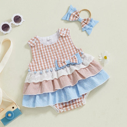 Conjunto de Verão para Bebé Menina – Vestido Macacão Sem Mangas com Padrão aos Quadrados e Faixa com Laço