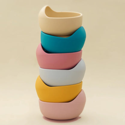 Conjunto de Alimentação em Silicone para Bebé - 3 Peças com Taça com Ventosa, Colher e Garfo com Cabo de Madeira
