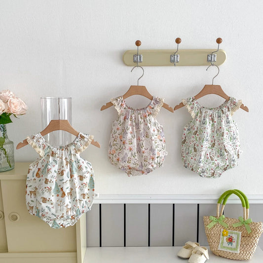 Macacão de Verão para Bebé Menina - Estampado Floral com Coelhinho