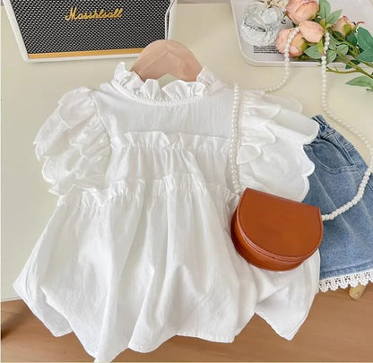 Conjunto de Verão para Menina – Blusa em Renda com Mangas Balão e Calções de Ganga com Renda