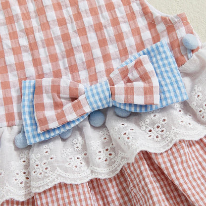 Conjunto de Verão para Bebé Menina – Vestido Macacão Sem Mangas com Padrão aos Quadrados e Faixa com Laço