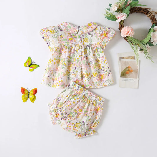 Conjunto para Bebé Menina – Blusa com Gola e Calções Florais