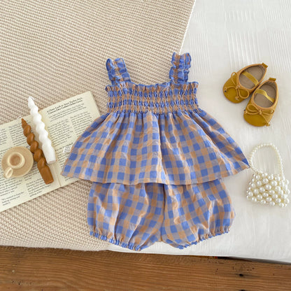 Conjunto de Verão para Bebé Menina – Top de Alças com Padrão aos Quadrados Lilás e Calções