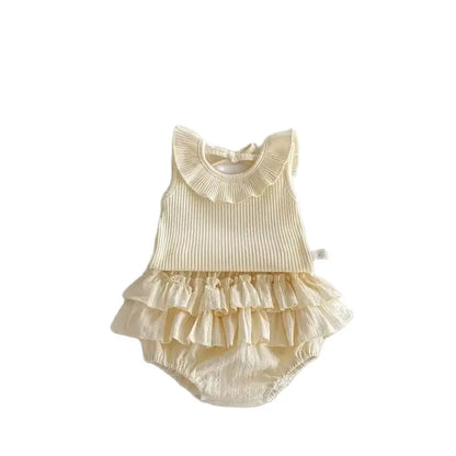 Conjunto de Verão para Bebé Menina – Blusa sem Mangas com Folhos e Saia-Calção