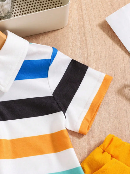 Conjunto Casual de Verão para Menino – Camisa às Riscas com Gola Lapela e Calções