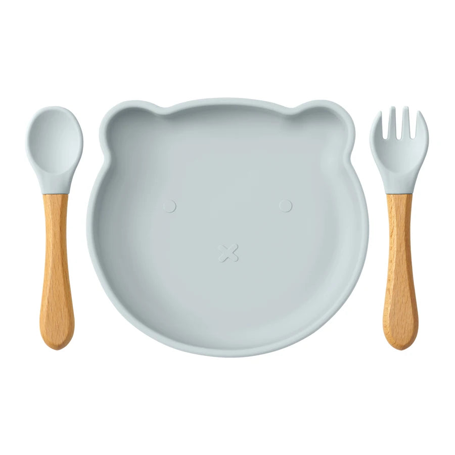 Conjunto de 3 Peças de Refeição em Silicone para Bebé – Taça com Ventosa, Prato e Colher