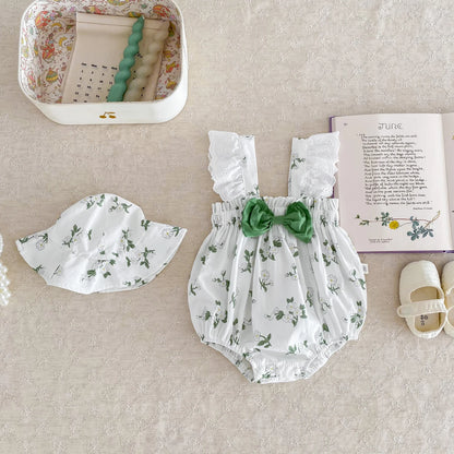 Body de Verão para Bebé Menina com Chapéu – Mangas de Renda, Estampado Floral e Laço